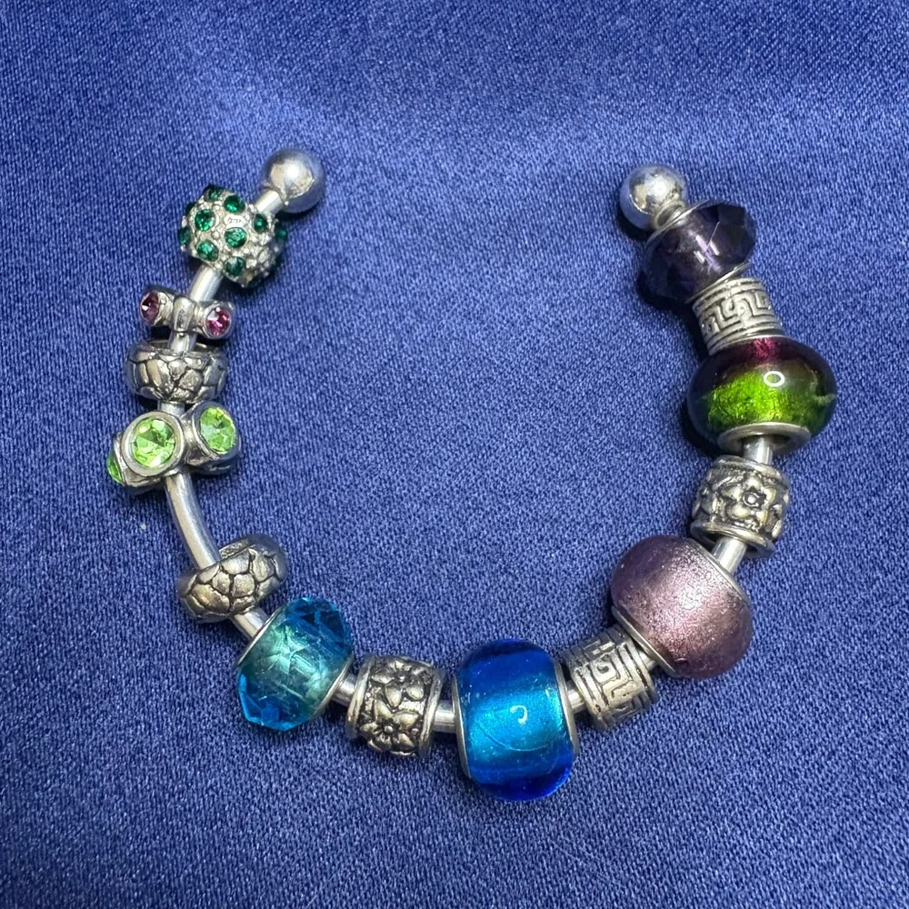 Bracelet Cuff Charms Glass Beads Colorful Silver tone